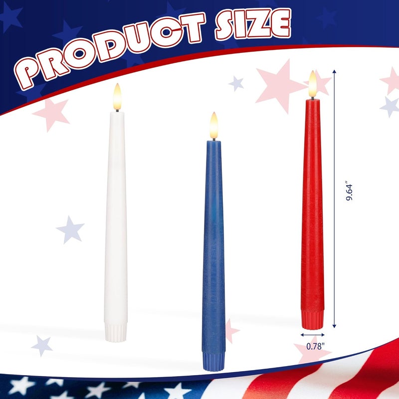 AFINETH Patriotic Flameless Taper Candles With 3D Wick - 9.6" Real Wax Red White and Blue With Remote and Timer - 4th of July LED Battery Operated Fake Candles, 3 Pack - Image 2